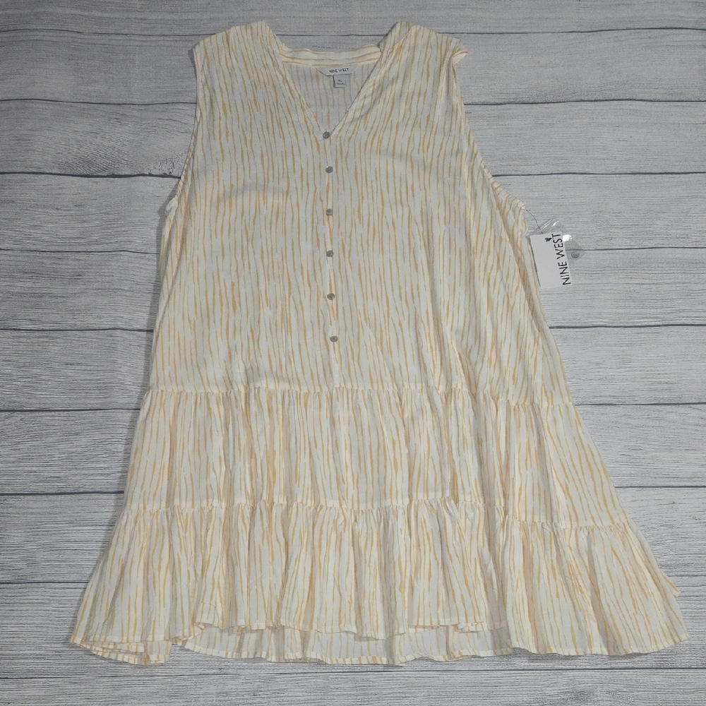 Nine West Button-Front Tiered Drop-Waist Dress White & Yellow Size XL NWT